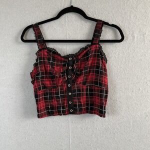 Social Collision Crop Tank Top Red Plaid Y2K Goth Stretch Sz M (*set - read)